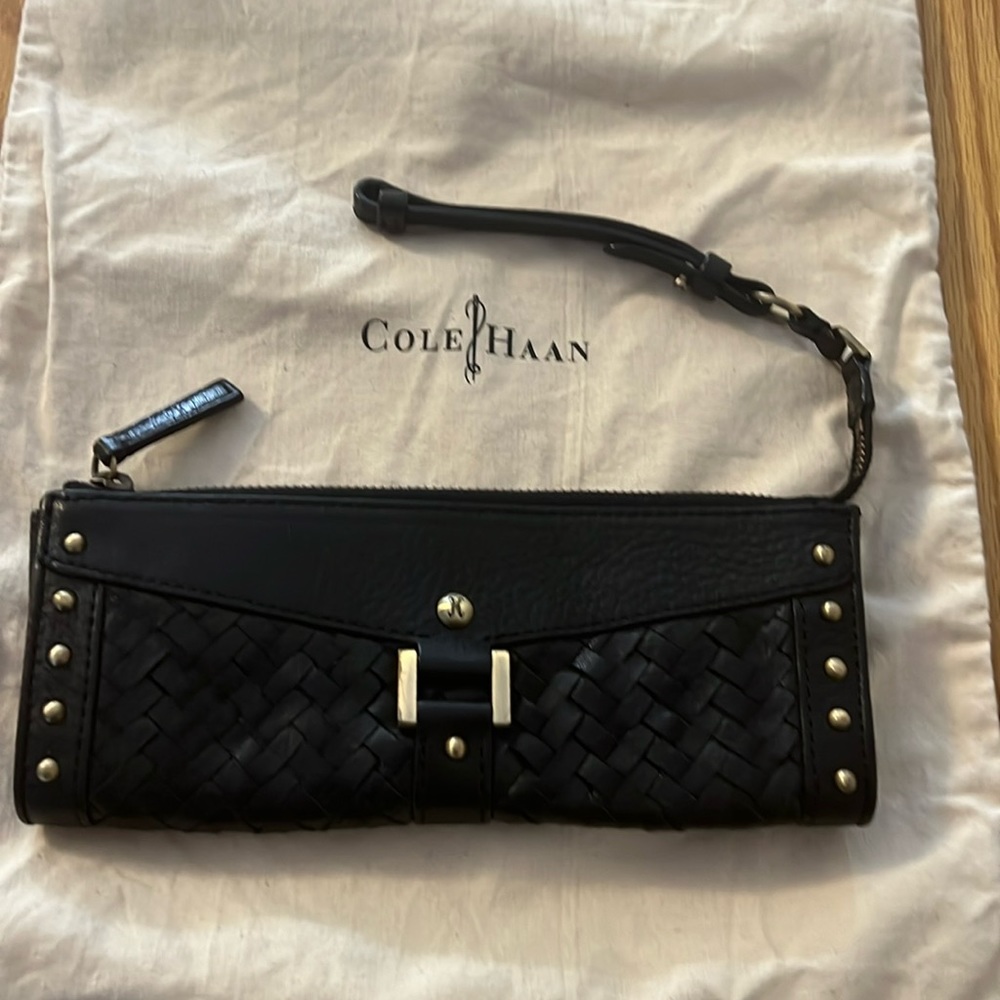 Cole Haan black wristlet wallet with antique gold colored studs